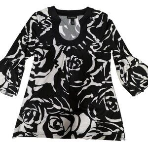 INC International Concepts Womens Black White Top M 3/4 Bell Sleeve Stretchy